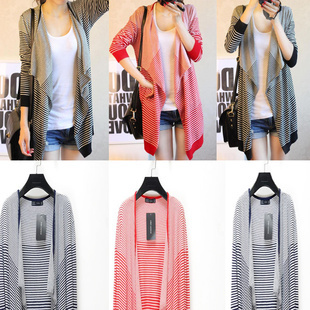 2013春季新款中長(zhǎng)款寬松條紋不規(guī)則長(zhǎng)袖女針織衫開衫